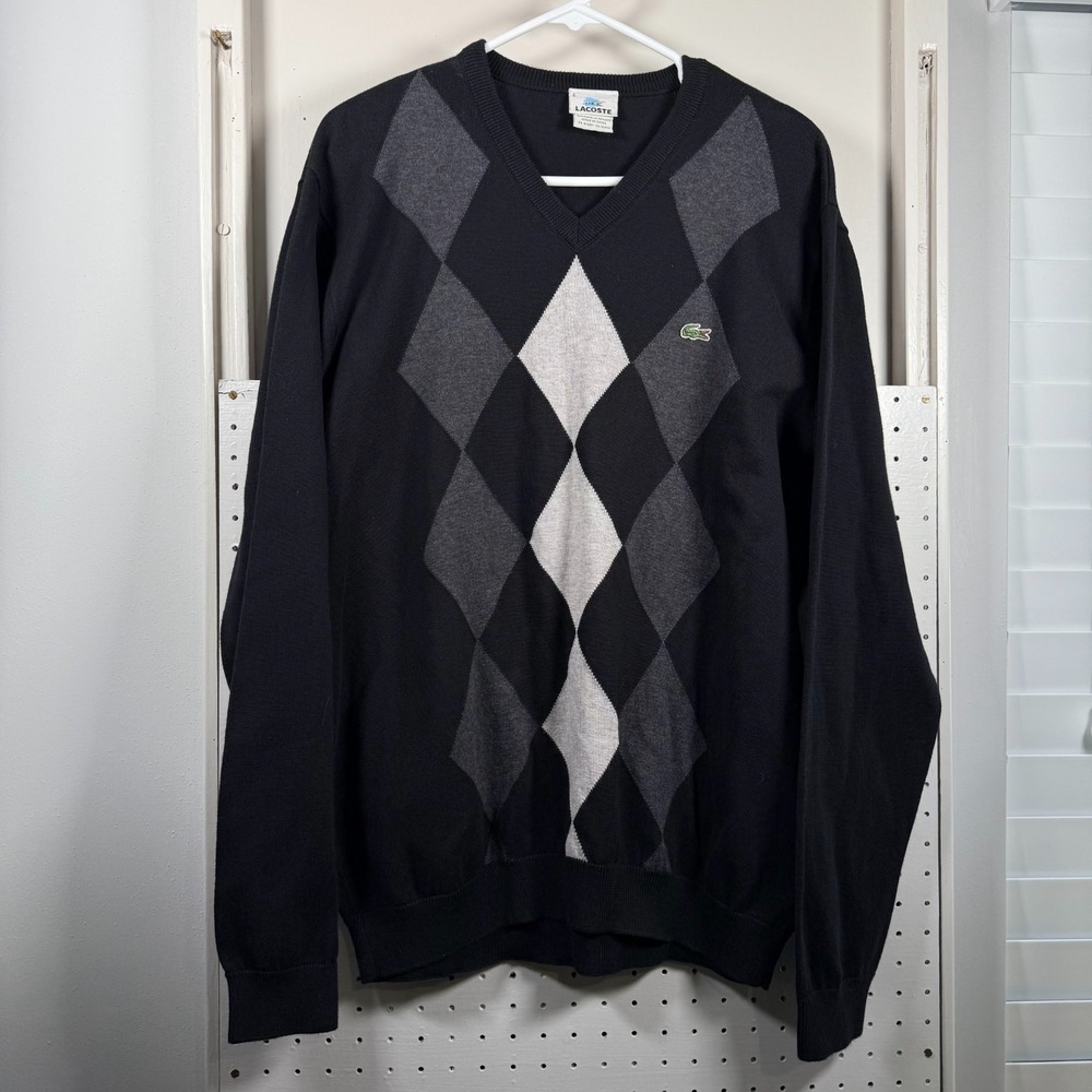 Lacoste Pullover Sweater Men's Black Gray Argyle Diamond V-Neck Long Sleeve - XL